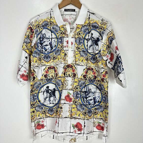 DOLCE & GABBANA Majolica 100% Cotton Short Sleeve Polo shirt White Blue Yellow
